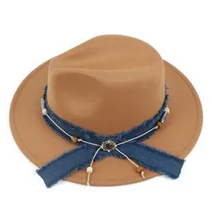 Women’s Camel Panama Hat with Denim Blue Band & Beaded – Boho Western Fedora Passion of Essence | Accessories | Womens Camel Panama Hat  main image 2